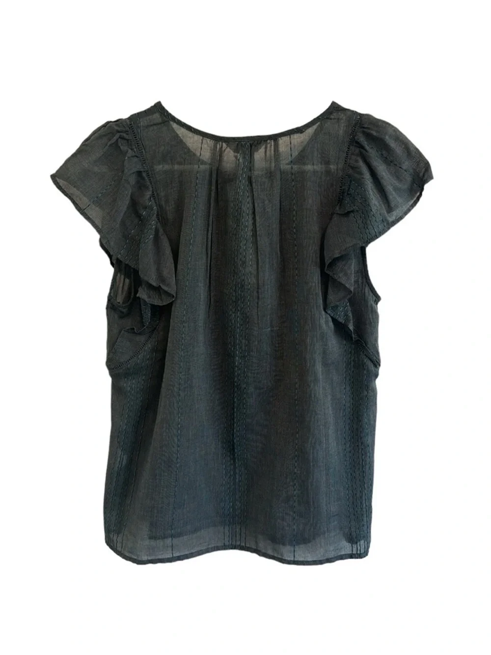 Lucky Brand Womens Top Ruffle Short Cap Sleeve Tie Neck Lightweight Blue NWT